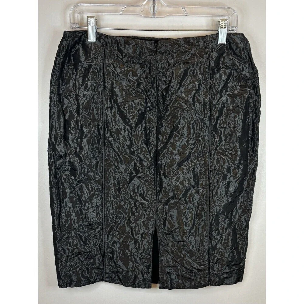 WORTH Black Taffeta Wrinkled Pencil Skirt 4 Knee Length Zip Textured Lined Metal